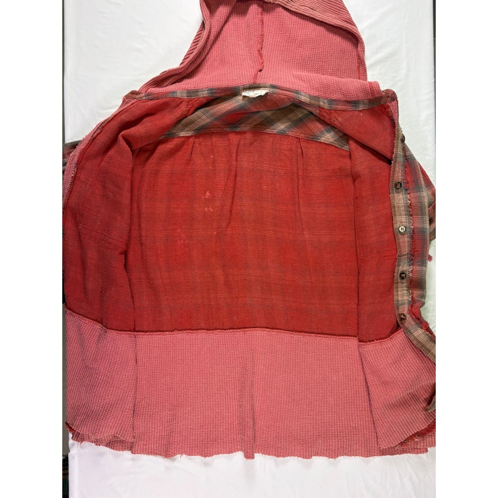 Oli & Hali Plaid Hooded Shacket M Waffle Knit Grunge Boho Shabby Mixed Media - Picture 9 of 10